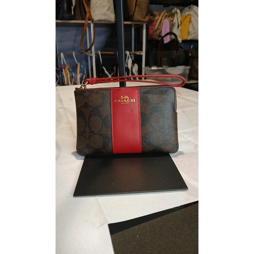 Coach Corner Zip Wristlet in Signature Canvas with Red Stripe